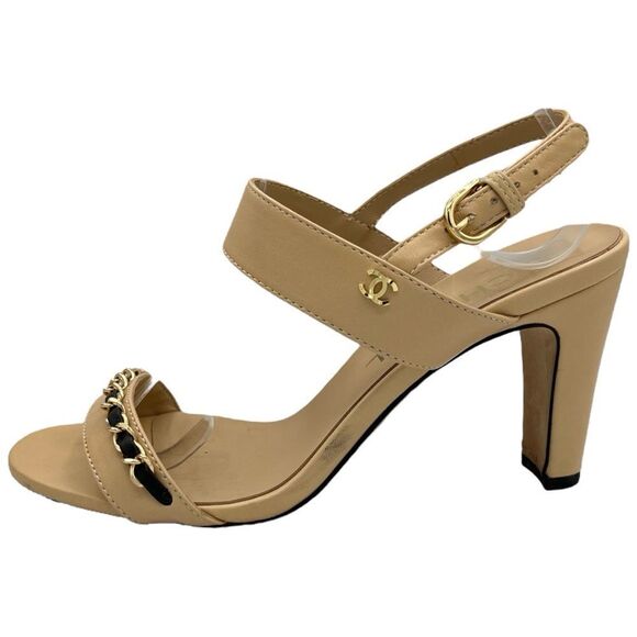 Chanel Beige Leather Open Toe Chain Heeled Slingback Sandals - Picture 2 of 9